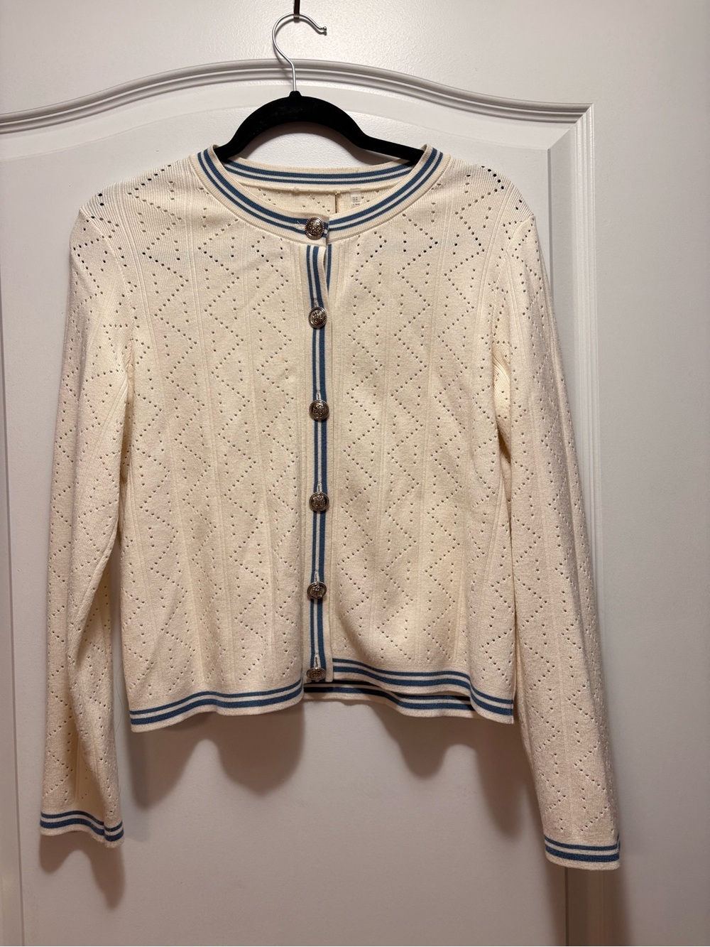 Elle Tahari Cream Pointelle Knit Cardigan with Blue Trim